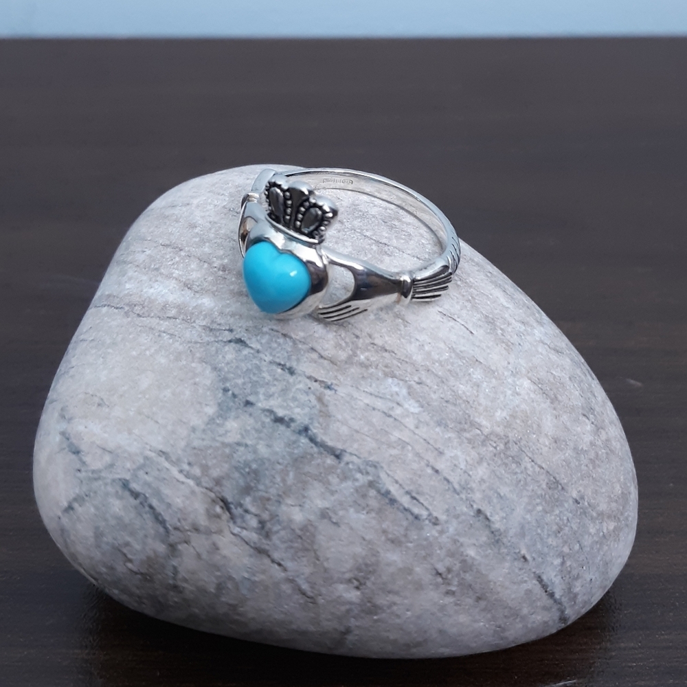 Sz 9 JMH Ireland Claddagh Ring Sterling Silver Sleeping Beauty Turquoise Heart - Picture 11 of 16